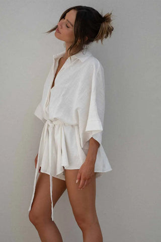 Tied Button Up Collared Neck Romper Divacious