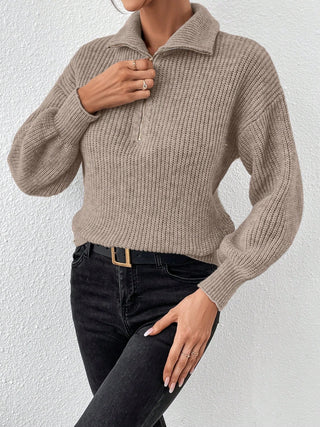 Half Zip Dropped Shoulder Sweater - Divacious