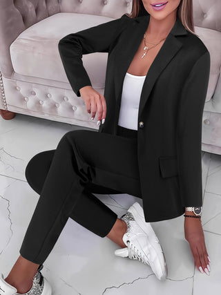 Lapel Collar Long Sleeve Top and Pants Set Trendsi