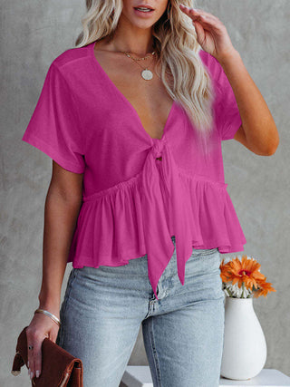 Tied Plunge Short Sleeve Blouse Divacious