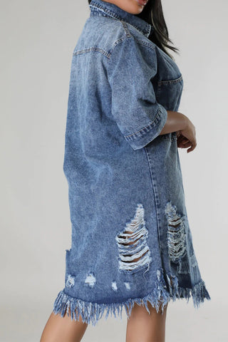 Distressed Raw Hem Button Up Denim Dress Divacious