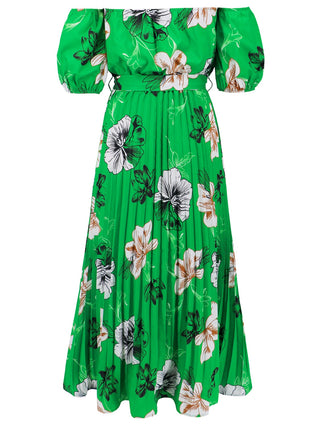 Pleated Floral Off-Shoulder Short Sleeve Midi Dress Trendsi