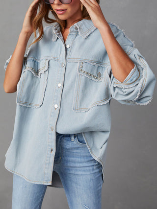 Button Down Raw Hem Denim Jacket Divacious