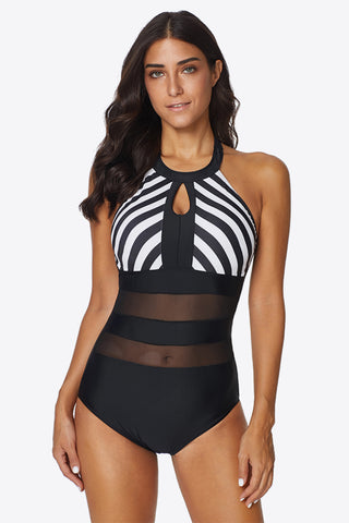 Striped Cutout Spliced Mesh Halter Neck One-Piece Swimsuit Divacious