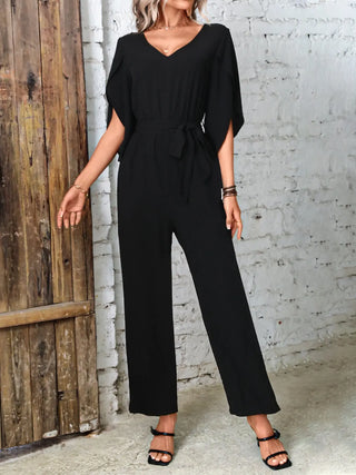 Tied V-Neck Half Sleeve Wide Leg Jumpsuit Divacious