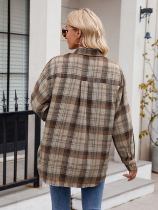 Pocketed Plaid Collared Neck Long Sleeve Shirt Divacious