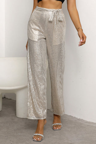 Sequin Tie Waist Straight Leg Pants Divacious