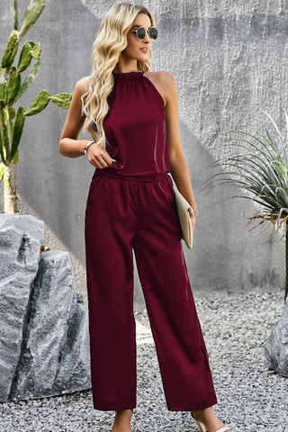 Devine Grecian Neck Sleeveless Pocketed Top and Pants Set Trendsi