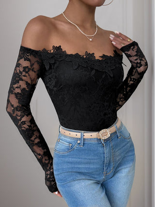 Lace Off-Shoulder Long Sleeve Bodysuit - Divacious