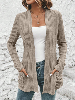 Ribbed Open Front Cardigan with Pockets Divacious