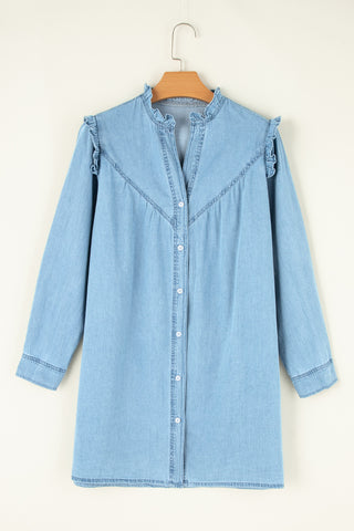 Button Up Notched Long Sleeve Denim Dress Divacious