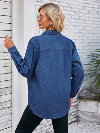 Button Up Collared Neck Denim Jacket Divacious