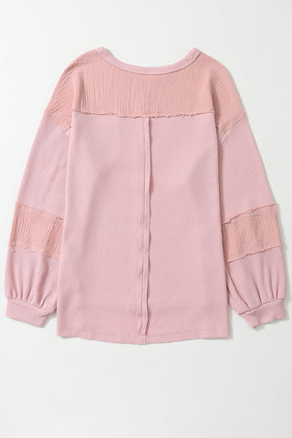 Waffle-Knit Exposed Seam Lantern Sleeve Blouse Divacious