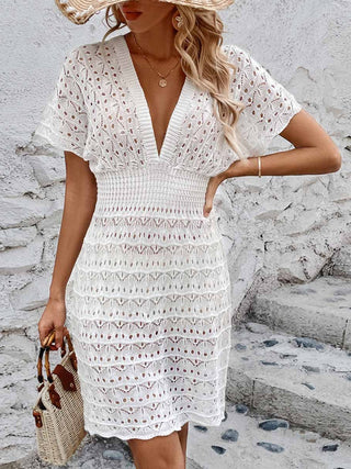 Openwork Plunge Short Sleeve Cover-Up Dress Divacious