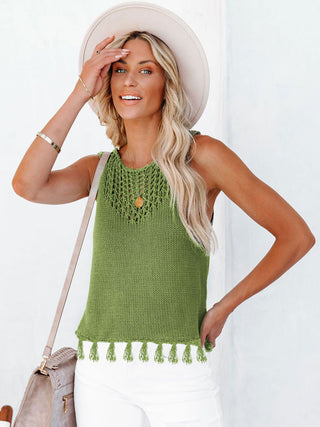 Cutout Tassel Round Neck Tank Divacious