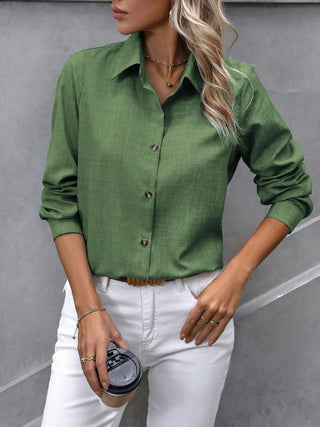 Button Up Collared Neck Long Sleeve Shirt - Divacious