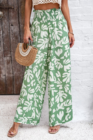 Smocked Printed Wide Leg Pants with Pockets Divacious