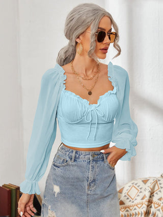 Mesh Sweetheart Neck Flounce Sleeve Top Divacious