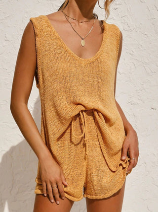 V-Neck Sleeveless Top and Drawstring Shorts Sweater Set Trendsi