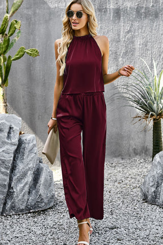 Devine Grecian Neck Sleeveless Pocketed Top and Pants Set Trendsi