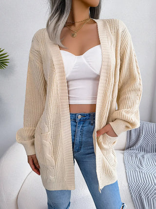 Cable-Knit Open Front Pocketed Cardigan Divacious