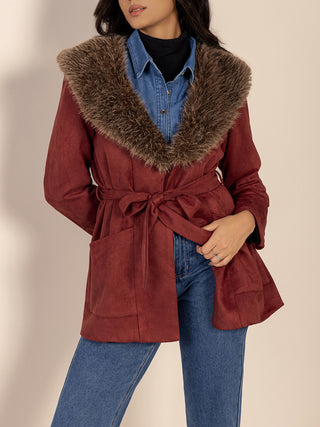 Fuzzy Collared Neck Tie Waist Jacket - Divacious