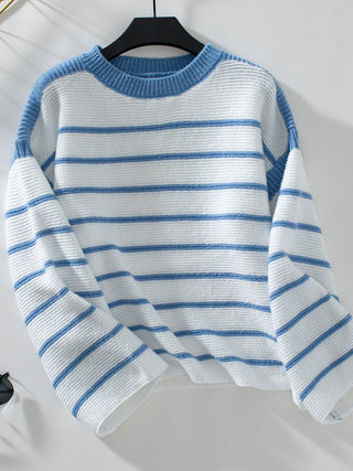 Striped Round Neck Long Sleeve Sweater Divacious