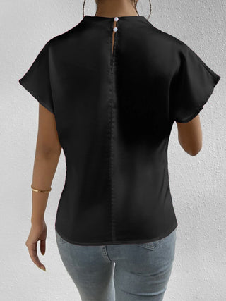 Ruched Mock Neck Short Sleeve Blouse Divacious