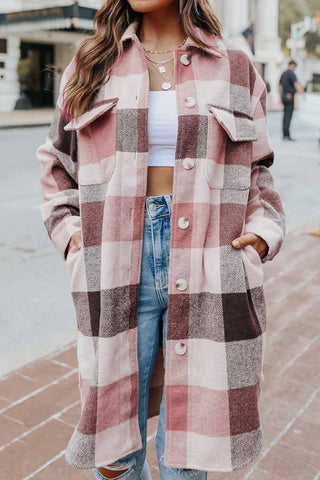 Plaid Button Up Dropped Shoulder Coat Divacious