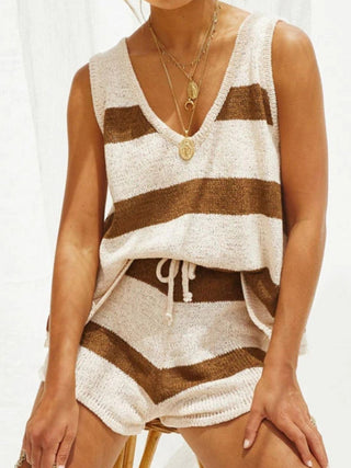 V-Neck Sleeveless Top and Drawstring Shorts Sweater Set Trendsi