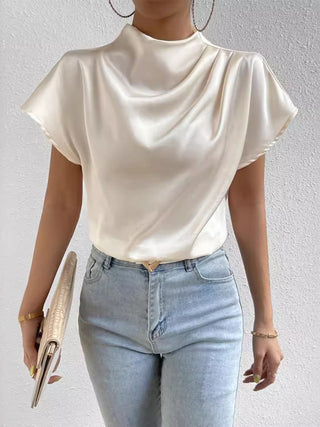 Ruched Mock Neck Short Sleeve Blouse Divacious