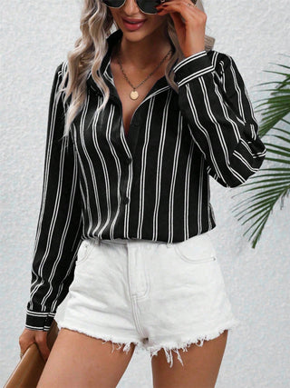 Striped Collared Neck Long Sleeve Shirt Divacious