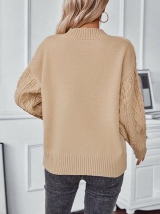 Cable-Knit Notched Long Sleeve Sweater - Divacious