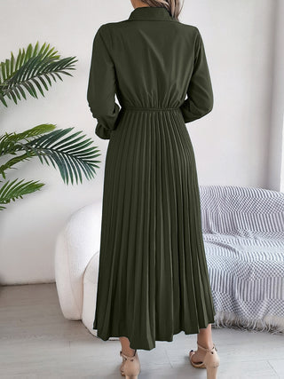 Pleated Half Button Long Sleeve Midi Dress Trendsi