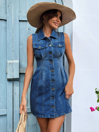 Pocketed Button Up Sleeveless Denim Dress Divacious