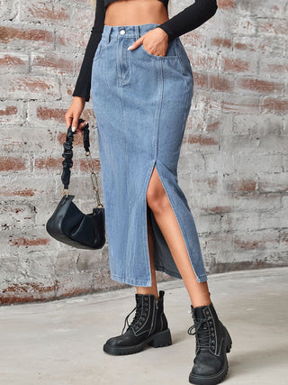 Slit High Waist Denim Skirt with Pockets Divacious