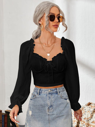 Mesh Sweetheart Neck Flounce Sleeve Top Divacious