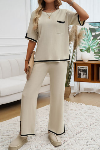 Contrast Trim Half Sleeve Top and Pants Set - Divacious