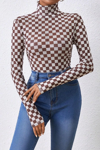 Checkered Turtleneck Long Sleeve Bodysuit Divacious