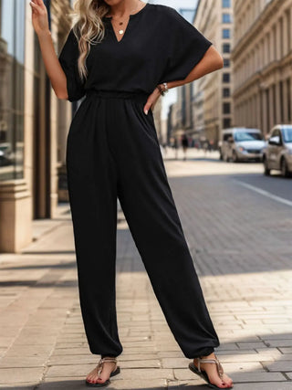 Notched Half Sleeve Straight Jumpsuit Divacious