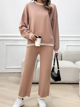 Devine Round Neck Dropped Shoulder Top and Pants Sweater Set Trendsi