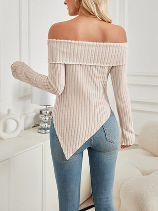 Ribbed Asymmetrical Hem Off-Shoulder Long Sleeve T-Shirt - Divacious