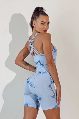 Printed Crisscross Wide Strap Active Romper Divacious