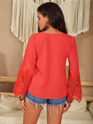 Square Neck Lace Detail Long Sleeve Blouse Divacious