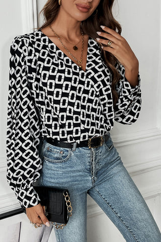 Geometric V-Neck Long Sleeve Blouse Divacious