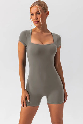 Square Neck Cap Sleeve Active Romper Divacious