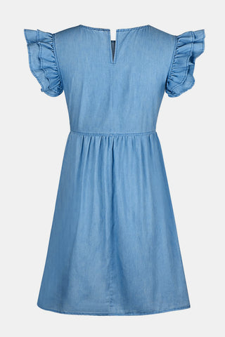 Full Size Ruffled Round Neck Cap Sleeve Denim Dress Divacious