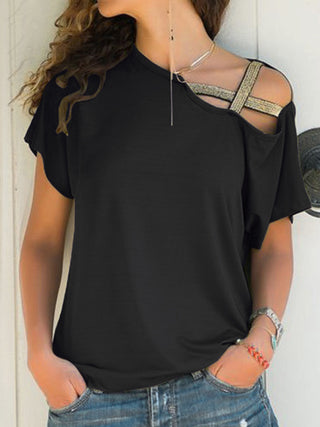 Asymmetrical Neck Short Sleeve T-Shirt Divacious