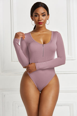 Half Zip Scoop Neck Long Sleeve Bodysuit Divacious