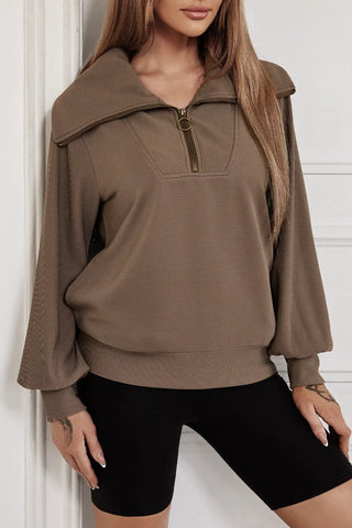 Pocketed Quarter Zip Collared Neck Sweatshirt Divacious